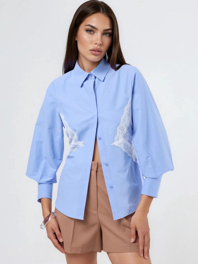 Qustyle QU STYLE Lace Detailed Fitted Poplin Shirt - Image 1