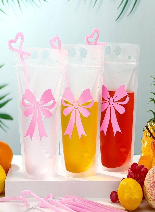 Potchen حزم مشروبات بوزن 100 مجموعة من بوتشين مع قشات 16 أونصة، أكياس مشروبات قائمة برباط قوس وردي لحفلات الزفاف وأعياد الميلاد وحفلات البكالوريوس، مستلزمات حفلات قوس وردي - Image 3