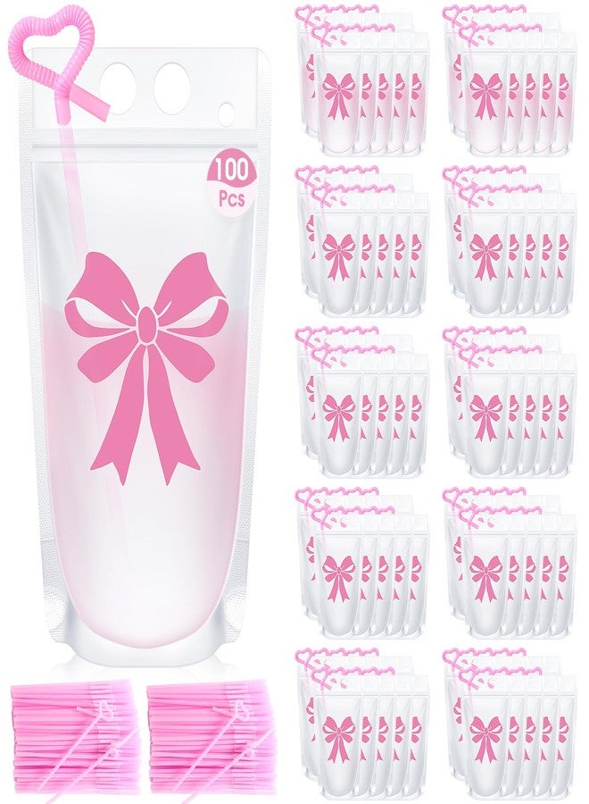 Potchen حزم مشروبات بوزن 100 مجموعة من بوتشين مع قشات 16 أونصة، أكياس مشروبات قائمة برباط قوس وردي لحفلات الزفاف وأعياد الميلاد وحفلات البكالوريوس، مستلزمات حفلات قوس وردي - Image 1