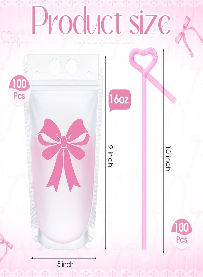 Potchen حزم مشروبات بوزن 100 مجموعة من بوتشين مع قشات 16 أونصة، أكياس مشروبات قائمة برباط قوس وردي لحفلات الزفاف وأعياد الميلاد وحفلات البكالوريوس، مستلزمات حفلات قوس وردي - Image 2