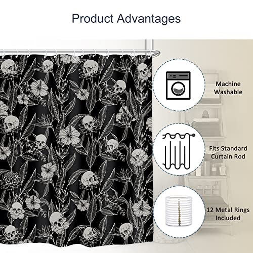 AMBZEK Gothic Skull Floral Shower Curtain 60Wx72L Inch Men Goth Skeleton Spooky Sugar Skull Flower Leaves Cool Halloween Artwork Cloth Fabric Waterproof Polyester Bathroom Decor Set with 12 Pack Hooks - Image 3