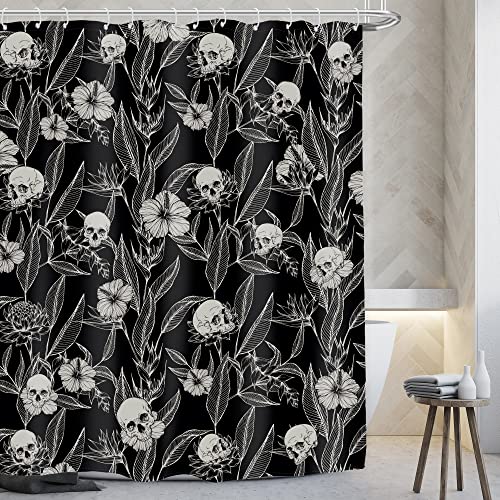 AMBZEK Gothic Skull Floral Shower Curtain 60Wx72L Inch Men Goth Skeleton Spooky Sugar Skull Flower Leaves Cool Halloween Artwork Cloth Fabric Waterproof Polyester Bathroom Decor Set with 12 Pack Hooks - Image 1