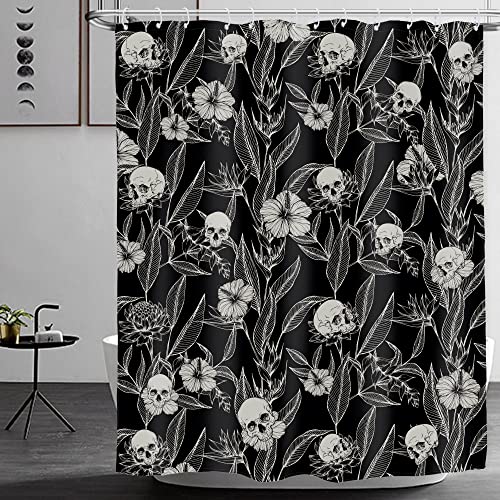 AMBZEK Gothic Skull Floral Shower Curtain 60Wx72L Inch Men Goth Skeleton Spooky Sugar Skull Flower Leaves Cool Halloween Artwork Cloth Fabric Waterproof Polyester Bathroom Decor Set with 12 Pack Hooks - Image 2