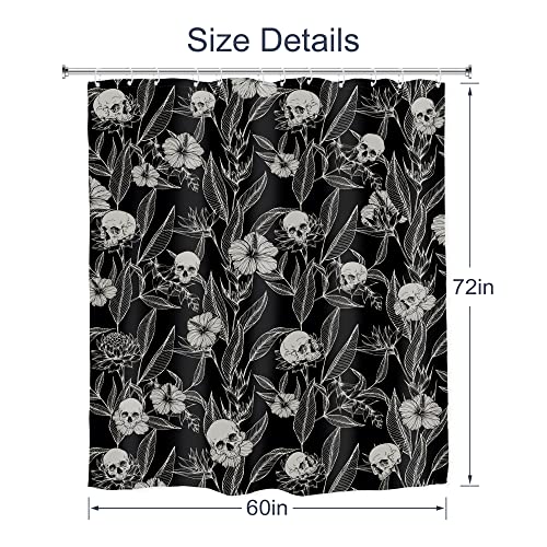 AMBZEK Gothic Skull Floral Shower Curtain 60Wx72L Inch Men Goth Skeleton Spooky Sugar Skull Flower Leaves Cool Halloween Artwork Cloth Fabric Waterproof Polyester Bathroom Decor Set with 12 Pack Hooks - Image 5