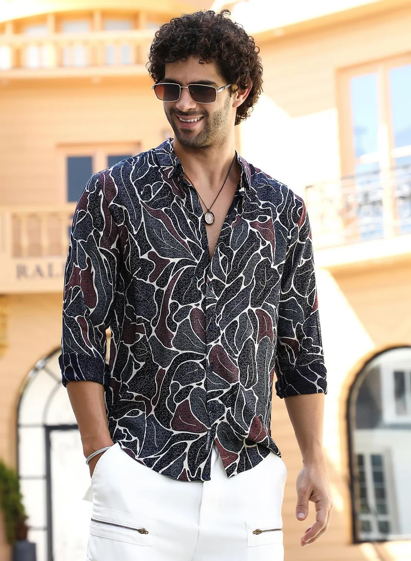 Campus Sutra Men's Onyx Black & Navy Blue Speckled-Foliage Regular Shirt