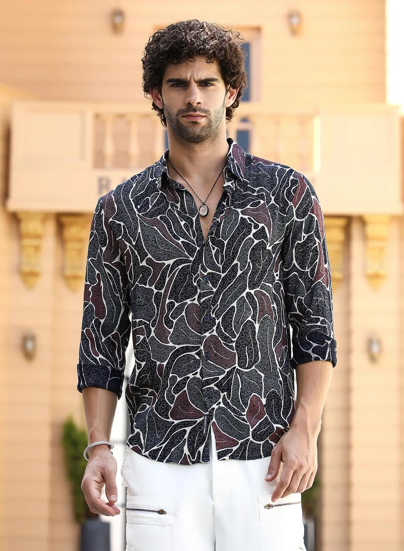Campus Sutra Men's Onyx Black & Navy Blue Speckled-Foliage Regular Shirt