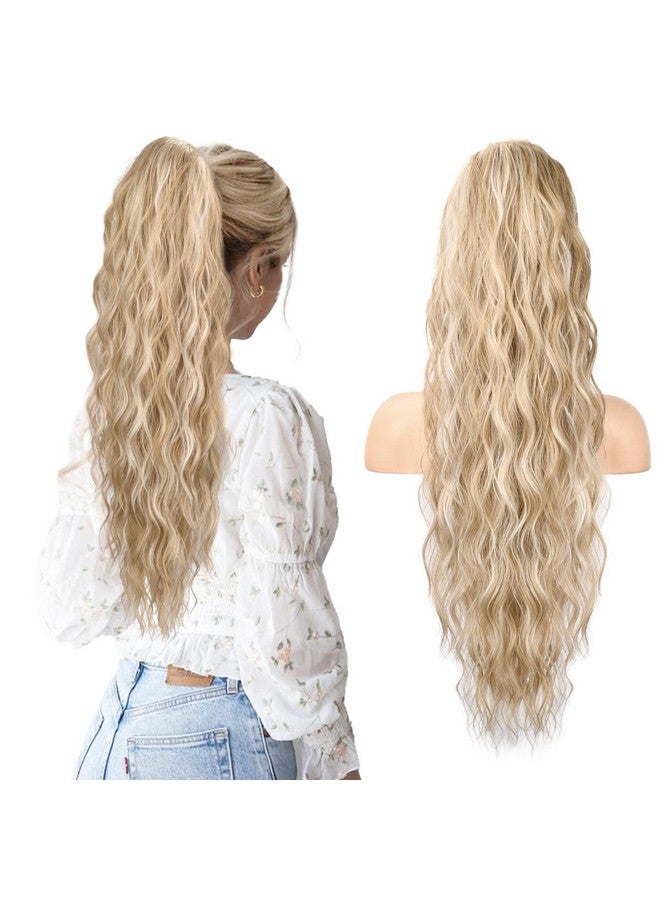HOOJIH Ponytail Extension, HOOJIH Drawstring Ponytail Hair Extensions 26 Inch Long Curly Wavy Ponytail Natural Wavy Synthetic Hairpiece for Women Daily Use - Light Golden Blonde with White Blonde - Image 1