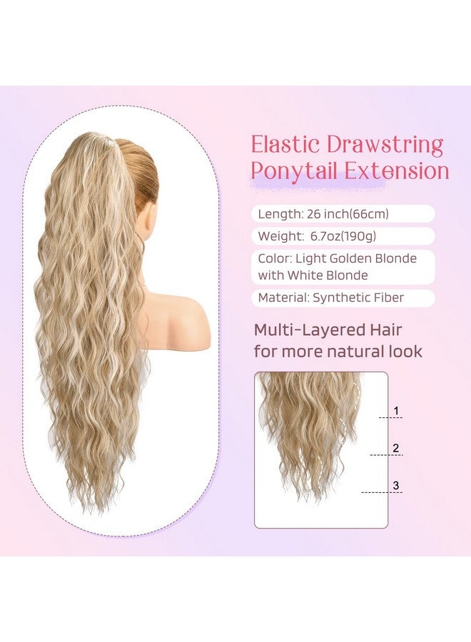 HOOJIH Ponytail Extension, HOOJIH Drawstring Ponytail Hair Extensions 26 Inch Long Curly Wavy Ponytail Natural Wavy Synthetic Hairpiece for Women Daily Use - Light Golden Blonde with White Blonde - Image 2