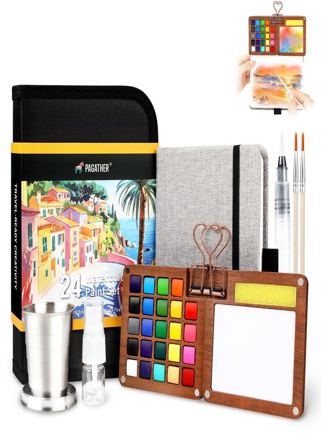 Pagather 24 Colors Mini Watercolor Travel Set, Portable Watercolor Kit with Water Brush, Pocket Size Painting Set for Beginners, Hobbyists & Artists - Image 1