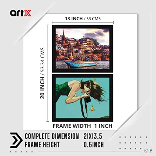ArtX Paper Varanasi Ghat and Beautiful Girl Clicking Framed Wall Art Painting, Multicolor, Floral, 10 X 13 inches each, 20 X 13 inches combined, Set of 2 - Image 2