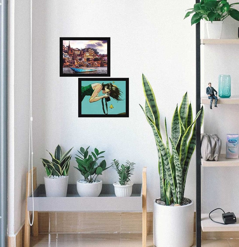 ArtX Paper Varanasi Ghat and Beautiful Girl Clicking Framed Wall Art Painting, Multicolor, Floral, 10 X 13 inches each, 20 X 13 inches combined, Set of 2 - Image 3