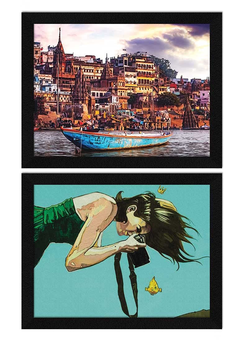 ArtX Paper Varanasi Ghat and Beautiful Girl Clicking Framed Wall Art Painting, Multicolor, Floral, 10 X 13 inches each, 20 X 13 inches combined, Set of 2 - Image 1