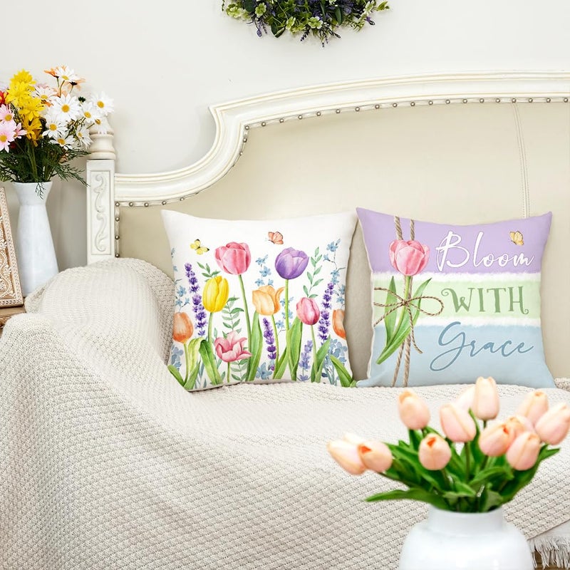 GEEORY Spring Summer Throw Pillow Covers 18x18 Inch Set of 4, Floral Tulips Mason Jars Bloom with Grace Seasonal Decorative Farmhouse Decoration for Home G512-18 - Image 3