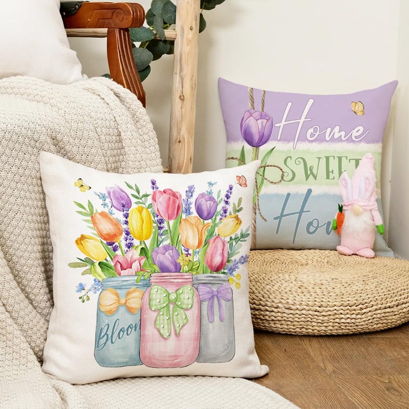 GEEORY Spring Summer Throw Pillow Covers 18x18 Inch Set of 4, Floral Tulips Mason Jars Bloom with Grace Seasonal Decorative Farmhouse Decoration for Home G512-18 - Image 2