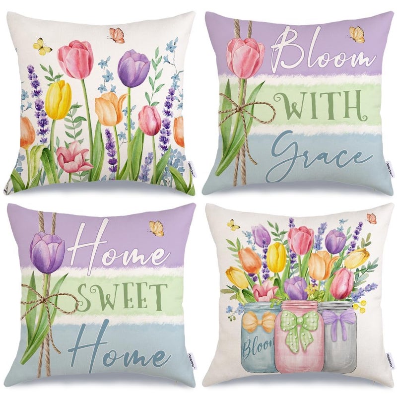 GEEORY Spring Summer Throw Pillow Covers 18x18 Inch Set of 4, Floral Tulips Mason Jars Bloom with Grace Seasonal Decorative Farmhouse Decoration for Home G512-18 - Image 1