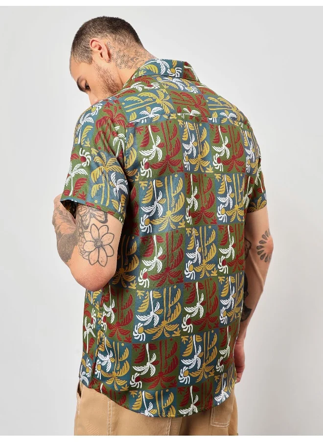 Beyoung Half Sleeve Doodle Palm Hawaiian Shirt for Men Multicolour