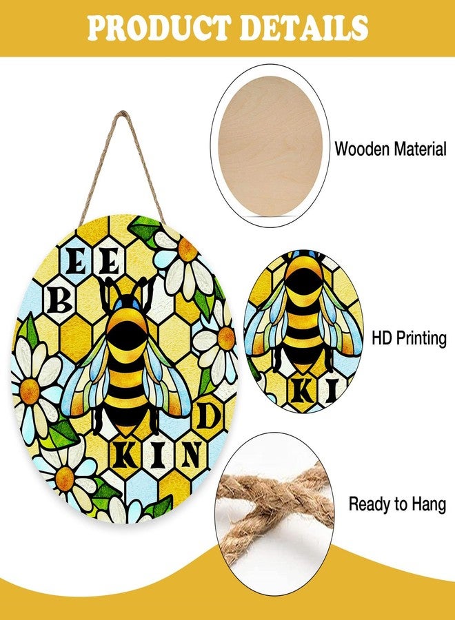 Bolisom Welcome Spring Summer Bumble Bee Kind Front Door Sign, Honeybee Daisy Flower Wood Plaque Hanger Outdoor Outside Porch Home Decor, Floral Beehive Wooden Wreath Indoor Wall Hanging Decoration - Image 3