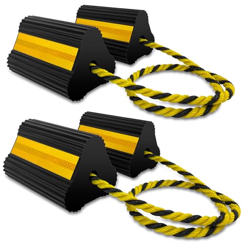 HOXWELL Wheel Chocks 2pair4pack with Rope for RV Trailer Camper Truck Car Aircraft Versatile Heavy Duty Rubber Wheel Chocks Block with 3 Reflective Strips Tire Wheel Immobilizers Chocks - Image 1