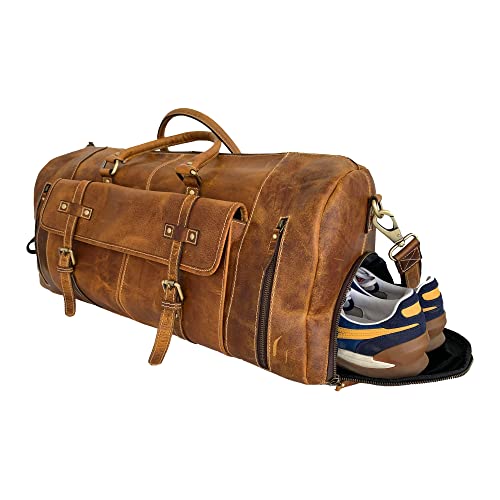 KomalC Leather Duffel Bags for Men and Women Full Grain Leather Travel Overnight Weekend Leather Bags Sports Gym Duffel for Men Tan 24 Inch