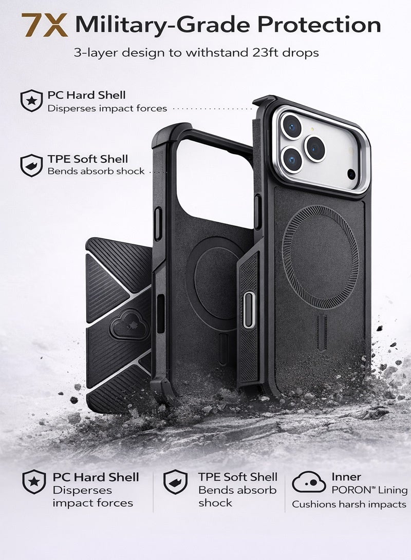 Neyecam Magnetic Rugged Case for iPhone 17 Pro  with Lens Stand, Triangular Adjustable Kickstand, Built-in Strong Magnets, Shockproof 3-Layer TPU+PC Protective Cover with Free Soft Lanyard – Black - Image 2