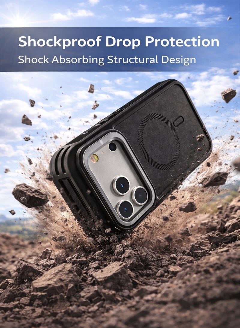 Neyecam Magnetic Rugged Case for iPhone 17 Pro  with Lens Stand, Triangular Adjustable Kickstand, Built-in Strong Magnets, Shockproof 3-Layer TPU+PC Protective Cover with Free Soft Lanyard – Black - Image 4