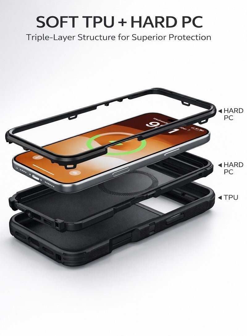 Neyecam Magnetic Rugged Case for iPhone 17 Pro  with Lens Stand, Triangular Adjustable Kickstand, Built-in Strong Magnets, Shockproof 3-Layer TPU+PC Protective Cover with Free Soft Lanyard – Black - Image 5