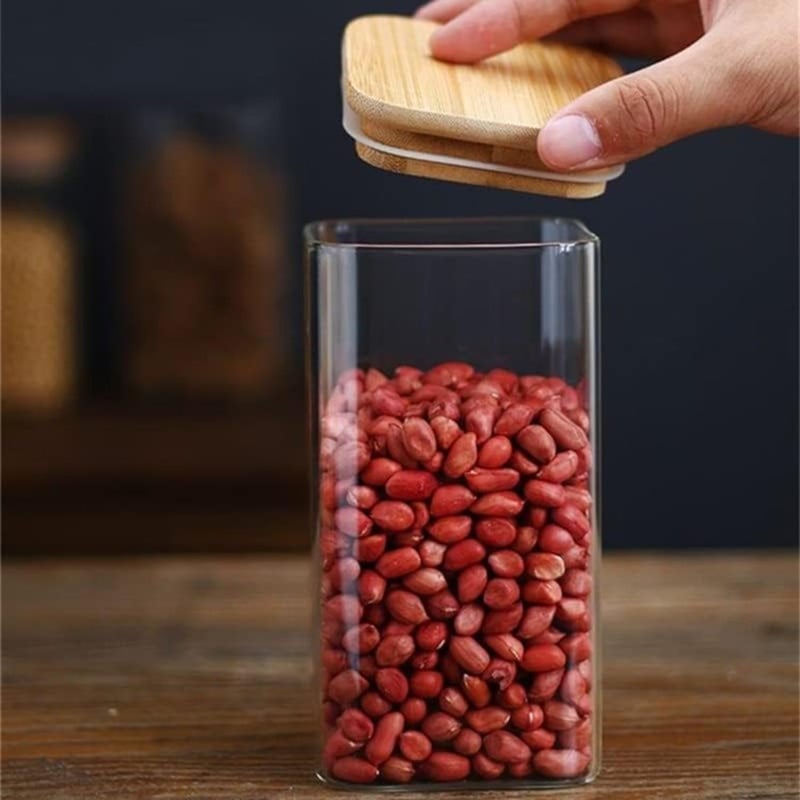 KRIVAL Glass Food Storage Canister with Airtight Bamboo Lid Set of 6 Clear Glass Jar Container with Seal Wooden Lid for Kitchen Pantry Serving Tea Coffee Sugar Flour Spices Square_330 ML - Image 2