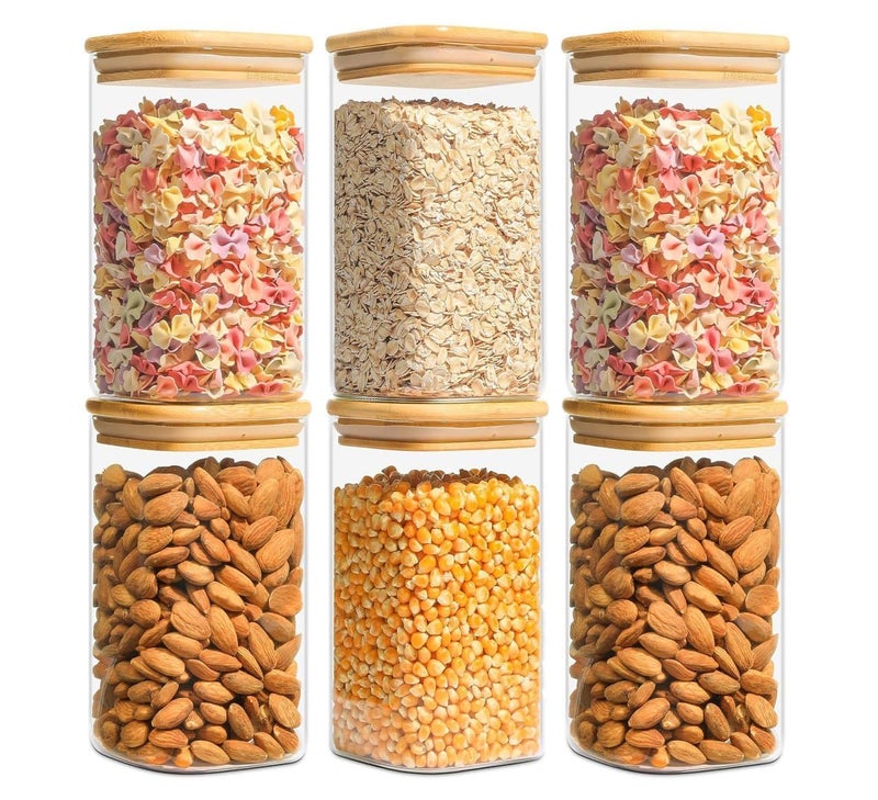 KRIVAL Glass Food Storage Canister with Airtight Bamboo Lid Set of 6 Clear Glass Jar Container with Seal Wooden Lid for Kitchen Pantry Serving Tea Coffee Sugar Flour Spices Square_330 ML - Image 1