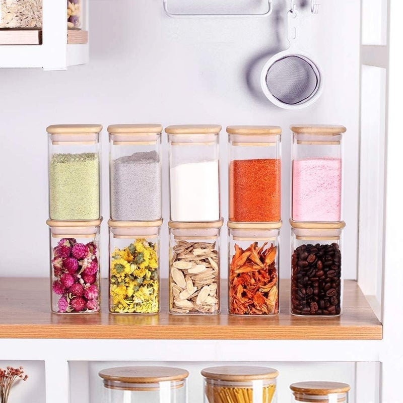 KRIVAL Glass Food Storage Canister with Airtight Bamboo Lid Set of 6 Clear Glass Jar Container with Seal Wooden Lid for Kitchen Pantry Serving Tea Coffee Sugar Flour Spices Square_330 ML - Image 5