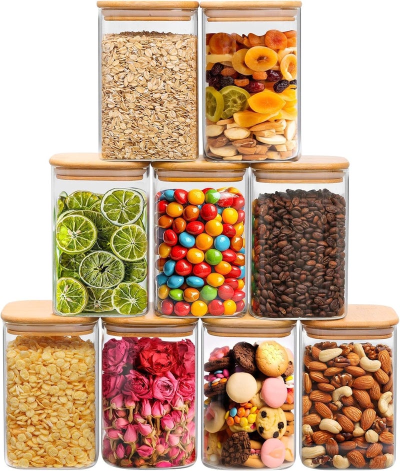 KRIVAL Glass Food Storage Canister with Airtight Bamboo Lid Set of 6 Clear Glass Jar Container with Seal Wooden Lid for Kitchen Pantry Serving Tea Coffee Sugar Flour Spices Square_330 ML - Image 4
