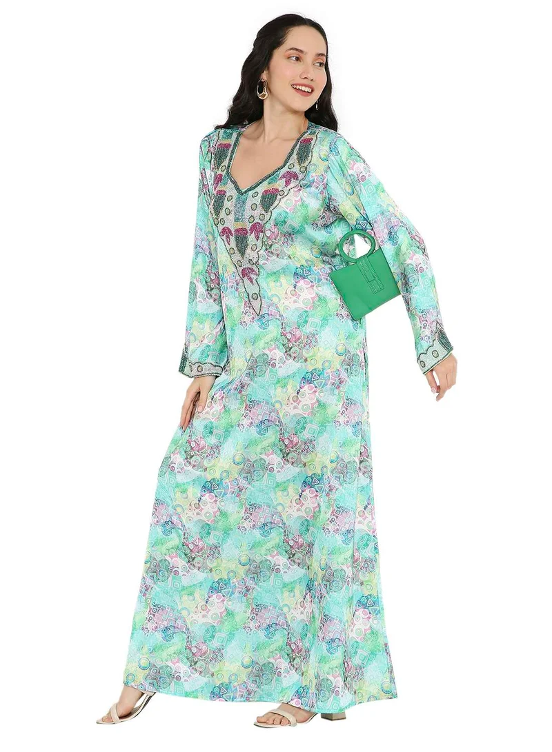 HANA & SARA CREATIVE HAND BEADED LONG MODEST UNIQUE PRINTED ARABIC KAFTAN JALABIYA DRESSES