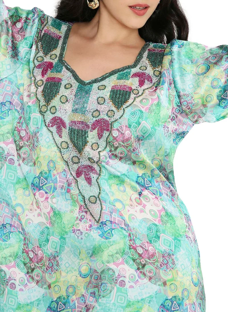 HANA & SARA CREATIVE HAND BEADED LONG MODEST UNIQUE PRINTED ARABIC KAFTAN JALABIYA DRESSES