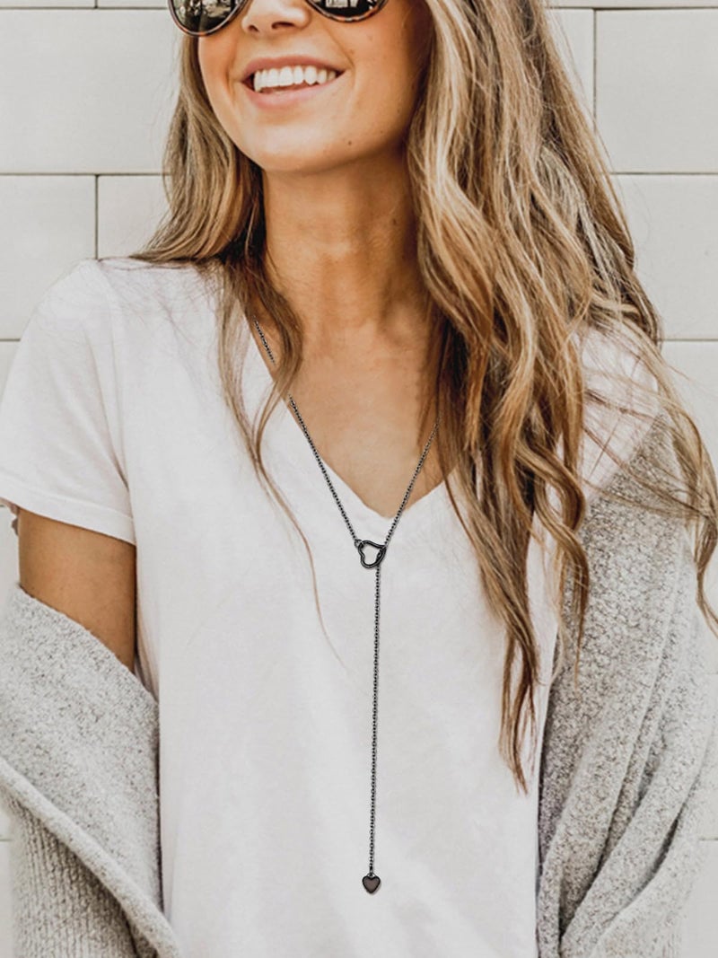 FOCALOOK Black Long Necklaces for Women Trendy Drop Heart Pendant Lariat Long Chain Elegant Y-Necklaces - Image 2