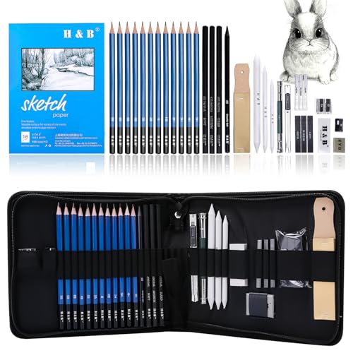 HB H & B 33 Pieces Drawing Pencils Set, Sketching Pencils Set & Drawing Kit, Includes Sketch Pad, Graphite Pencils, Charcoal Sticks and Eraser, Supplies for Artists/Beginner/Adults - Image 1