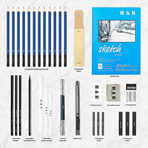 HB H & B 33 Pieces Drawing Pencils Set, Sketching Pencils Set & Drawing Kit, Includes Sketch Pad, Graphite Pencils, Charcoal Sticks and Eraser, Supplies for Artists/Beginner/Adults - Image 3