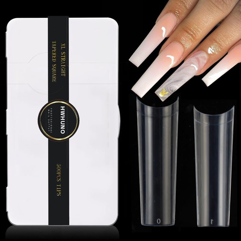 HWHUNO XL Tapered Square Nail Tips No C Curve,500Pcs Clear Medium Half Cover Long Coffin Acrylic Nails Tips Preshaped for Professional Manicure Salon and Home DIY - Image 1