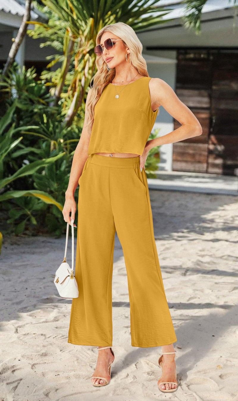 IWOLLENCE Women's Summer 2 Piece Outfits Set Round neck Sleeveless Tank Crop Top Wide Leg pants Set Pockets Jumpsuits Yellow Medium - Image 2