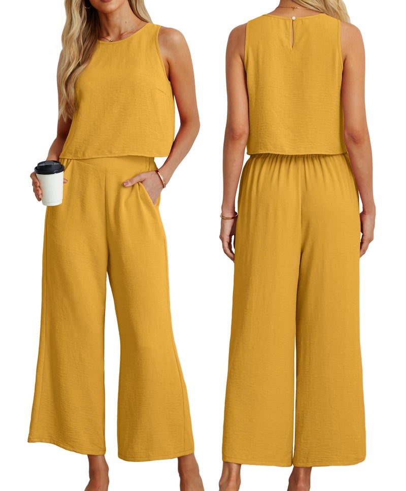 IWOLLENCE Women's Summer 2 Piece Outfits Set Round neck Sleeveless Tank Crop Top Wide Leg pants Set Pockets Jumpsuits Yellow Medium - Image 3