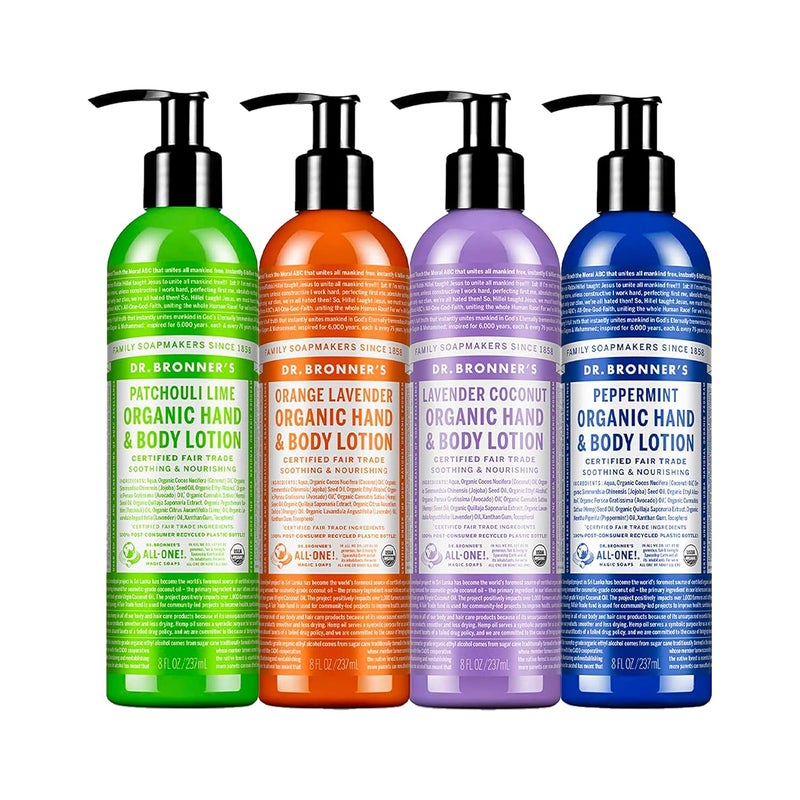 Dr Bronners  Organic Lotion 8 oz Variety Pack Peppermint Lavender Coconut Orange Lavender  Patchouli Lime  Body Lotion  Moisturizer Organic Soothing for Hands Face  Body  4 Count