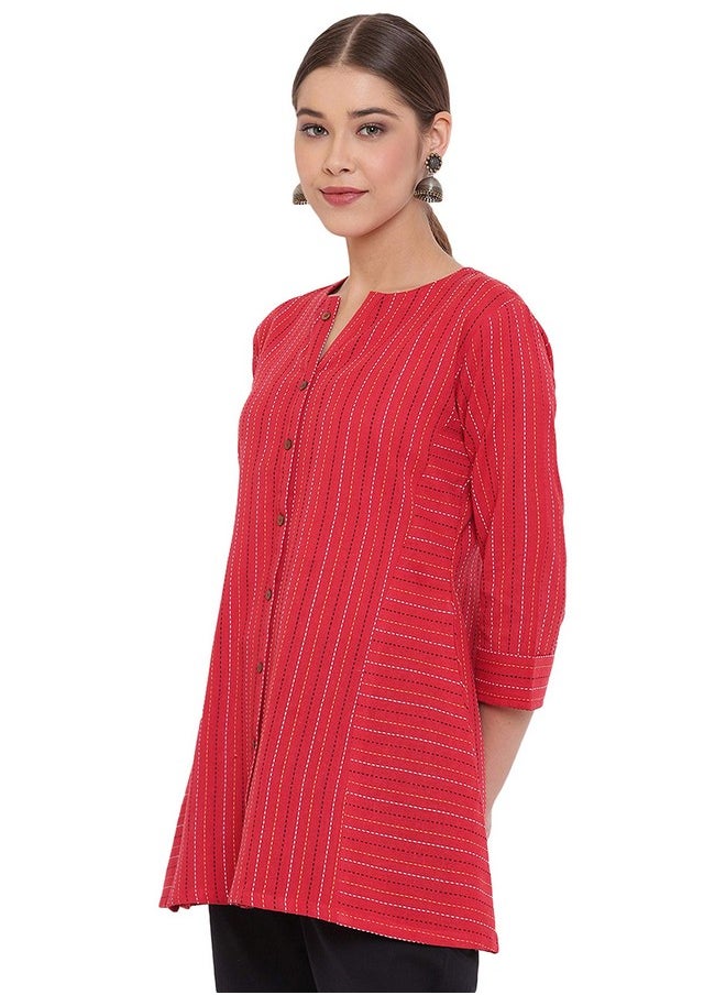 Janasya - Janasya Women's Red Weaved Cotton A-Line Top(Red_XXX-Large) - Image 1