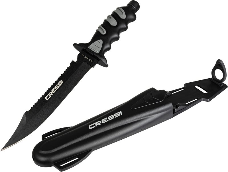 Cressi Large Big Knife with Sheath - Black Coating Tempered AISI 420 Japanese Staineless Steel Blade - Giant: Designed in Italy - Image 1