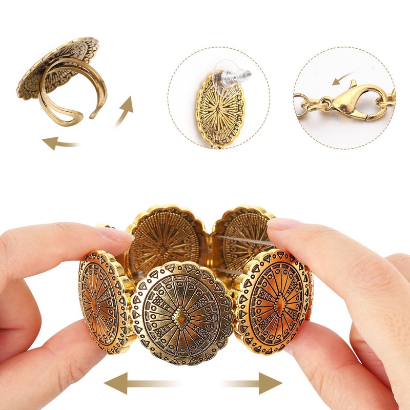 JMScape 4 PCS Western Turquoise Jewelry for Women Boho Vintage Navajo Pearl Necklace Earring Bracelet Ring Set Country Cowgirl Accessories for Gift (S-Gold) - Image 4