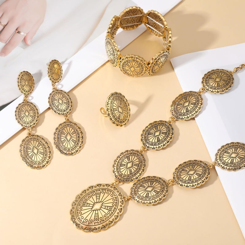 JMScape 4 PCS Western Turquoise Jewelry for Women Boho Vintage Navajo Pearl Necklace Earring Bracelet Ring Set Country Cowgirl Accessories for Gift (S-Gold) - Image 3