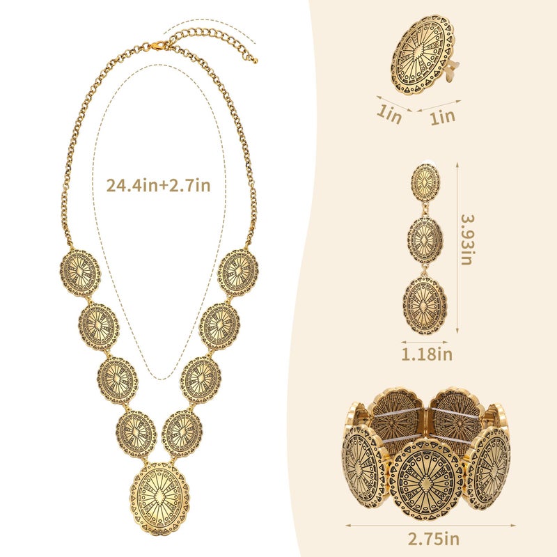 JMScape 4 PCS Western Turquoise Jewelry for Women Boho Vintage Navajo Pearl Necklace Earring Bracelet Ring Set Country Cowgirl Accessories for Gift (S-Gold) - Image 5