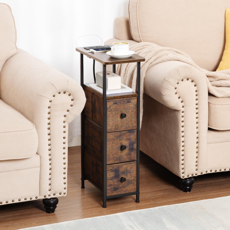 LOAKEKEL Narrow End Tables Living Room Set of 2 with Charging Station, Skinny Side Table with Fabric Drawers, Slim Nightstand for Bedroom, Small Spaces, Couch, Rustic Brown, HETNDP03PBR - Image 4