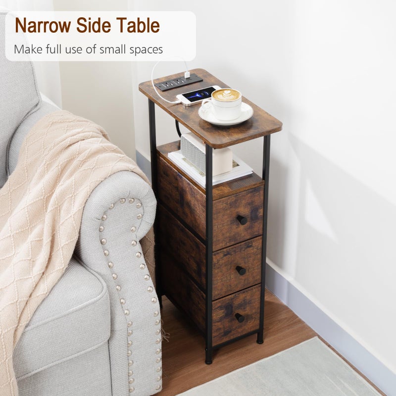 LOAKEKEL Narrow End Tables Living Room Set of 2 with Charging Station, Skinny Side Table with Fabric Drawers, Slim Nightstand for Bedroom, Small Spaces, Couch, Rustic Brown, HETNDP03PBR - Image 2