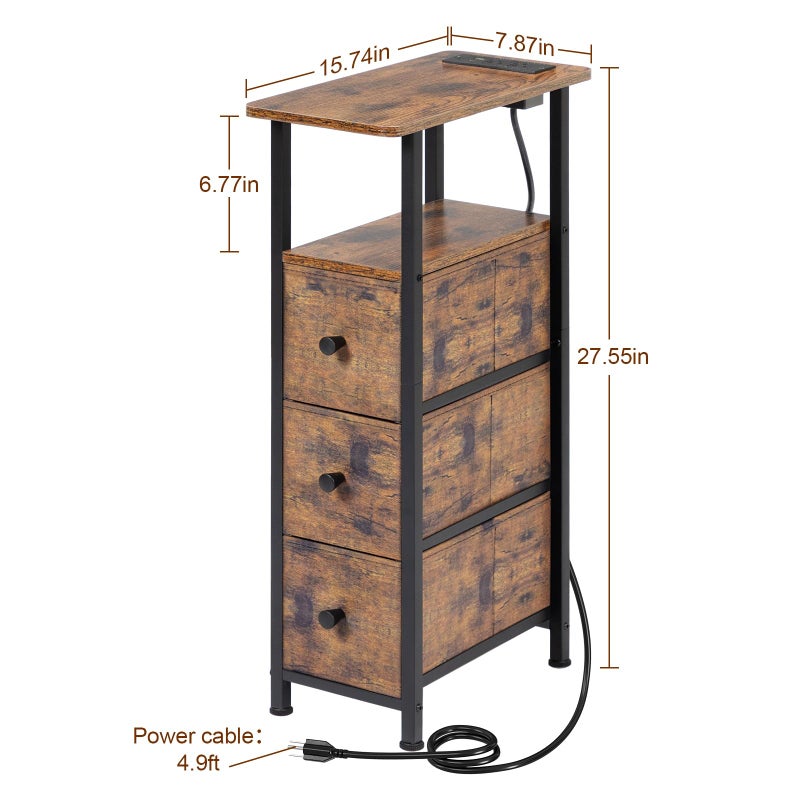 LOAKEKEL Narrow End Tables Living Room Set of 2 with Charging Station, Skinny Side Table with Fabric Drawers, Slim Nightstand for Bedroom, Small Spaces, Couch, Rustic Brown, HETNDP03PBR - Image 5