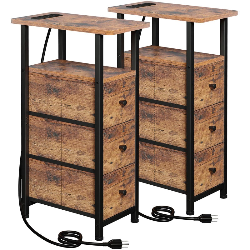LOAKEKEL Narrow End Tables Living Room Set of 2 with Charging Station, Skinny Side Table with Fabric Drawers, Slim Nightstand for Bedroom, Small Spaces, Couch, Rustic Brown, HETNDP03PBR - Image 1