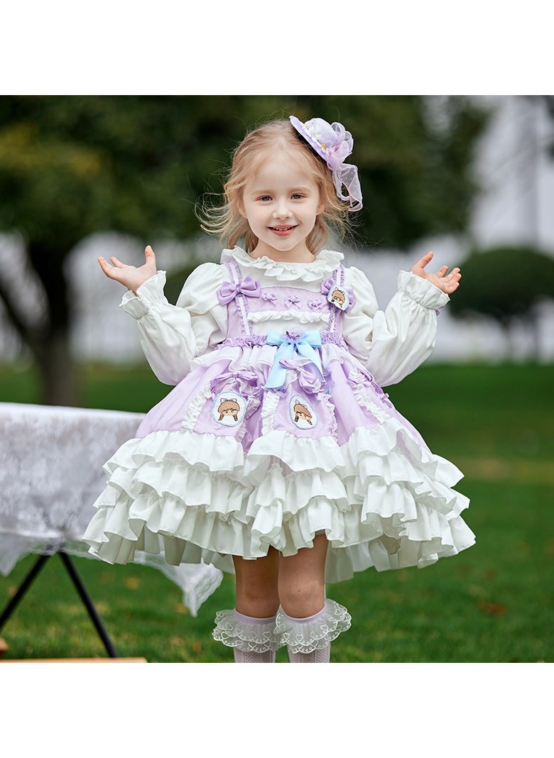 Loquat Girl's Lolita Fluffy Puff Sleeve Dress Purple/White  - Image 1