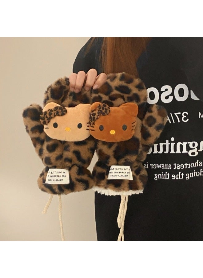 HelloKitty Plush Gloves Hello Kitty Leopard Full Finger Gloves Hanging Neck Women's Winter Cute Scarf Warm Scarf-Color:Dark Leopard Print Gloves-one Size Fits All - Image 1